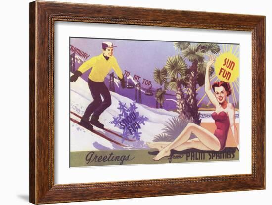 Greetings from Palm Springs, Skier and Swimmer-null-Framed Art Print