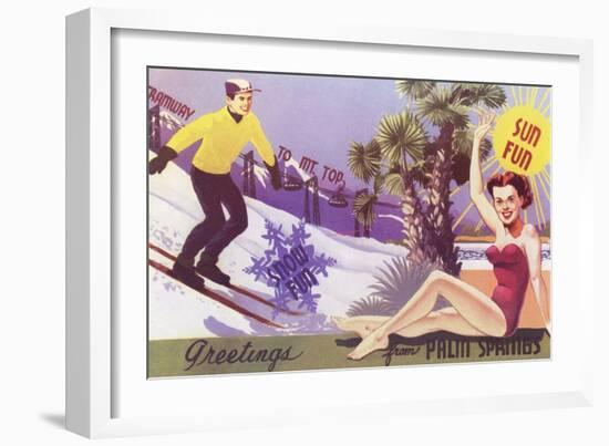 Greetings from Palm Springs, Skier and Swimmer-null-Framed Art Print