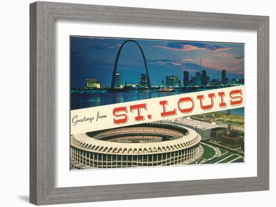 Greetings from St. Louis, Stadium, Arch-null-Framed Art Print