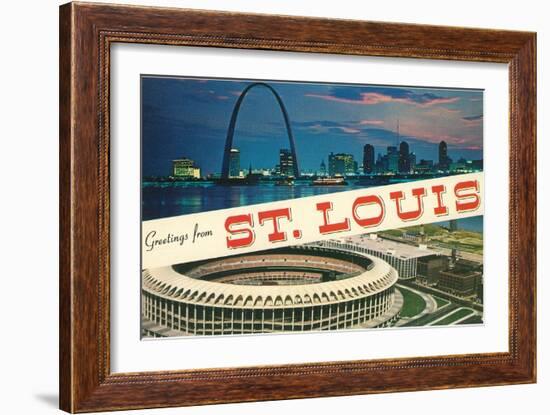 Greetings from St. Louis, Stadium, Arch-null-Framed Art Print