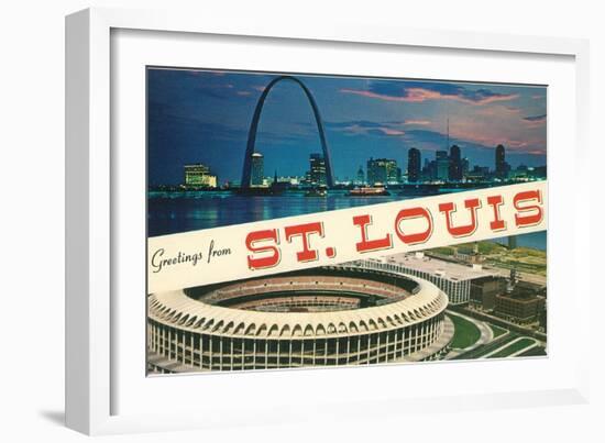 Greetings from St. Louis, Stadium, Arch-null-Framed Art Print