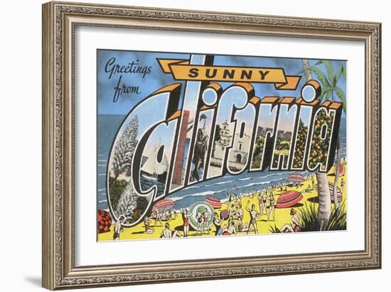 Greetings from Sunny California Beach Scene-null-Framed Art Print