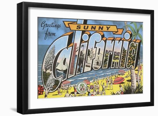 Greetings from Sunny California Beach Scene-null-Framed Art Print