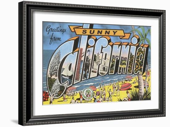 Greetings from Sunny California Beach Scene-null-Framed Art Print