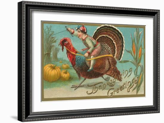 Greetings, Jockey Boy Riding Turkey-null-Framed Art Print