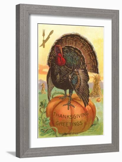 Greetings, Turkey on Pumpkin-null-Framed Art Print