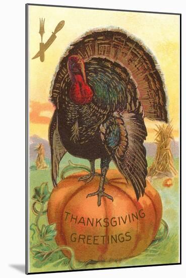 Greetings, Turkey on Pumpkin-null-Mounted Art Print