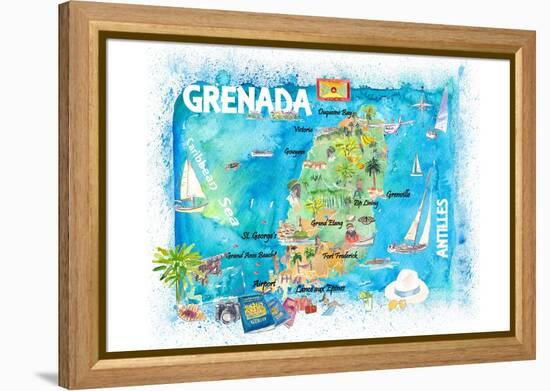 Grenada Antilles Illustrated Caribbean Travel Map with Highlights of West Indies Island Dream-M. Bleichner-Framed Stretched Canvas