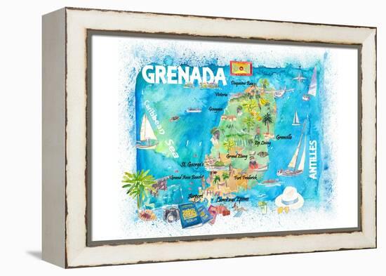 Grenada Antilles Illustrated Caribbean Travel Map with Highlights of West Indies Island Dream-M. Bleichner-Framed Stretched Canvas