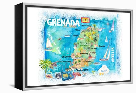 Grenada Antilles Illustrated Caribbean Travel Map with Highlights of West Indies Island Dream-M. Bleichner-Framed Stretched Canvas