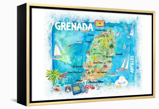 Grenada Antilles Illustrated Caribbean Travel Map with Highlights of West Indies Island Dream-M. Bleichner-Framed Stretched Canvas