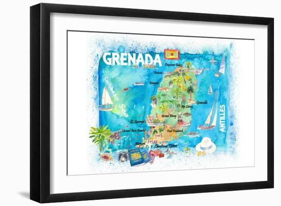 Grenada Antilles Illustrated Caribbean Travel Map with Highlights of West Indies Island Dream-M. Bleichner-Framed Art Print
