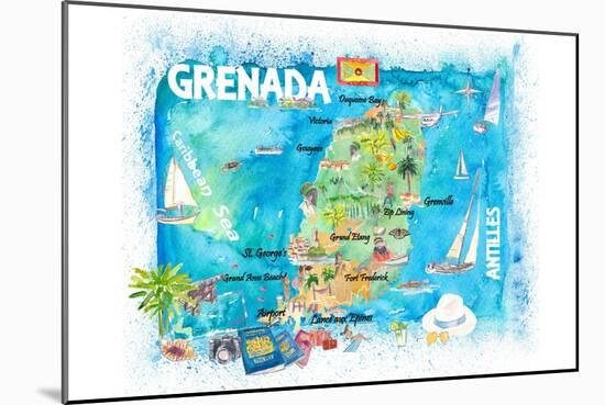 Grenada Antilles Illustrated Caribbean Travel Map with Highlights of West Indies Island Dream-M. Bleichner-Mounted Art Print