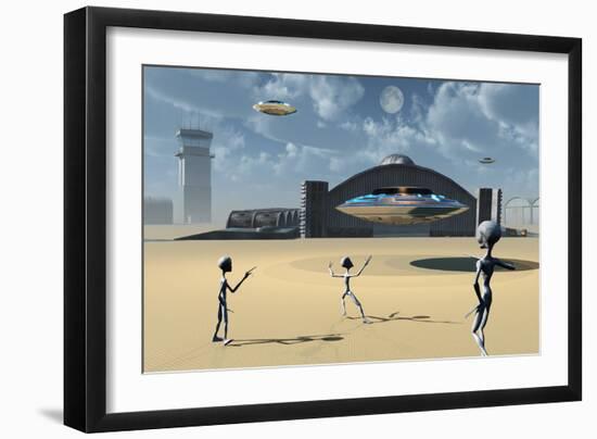 Grey Aliens and their Flying Saucers at Area 51-Stocktrek Images-Framed Art Print