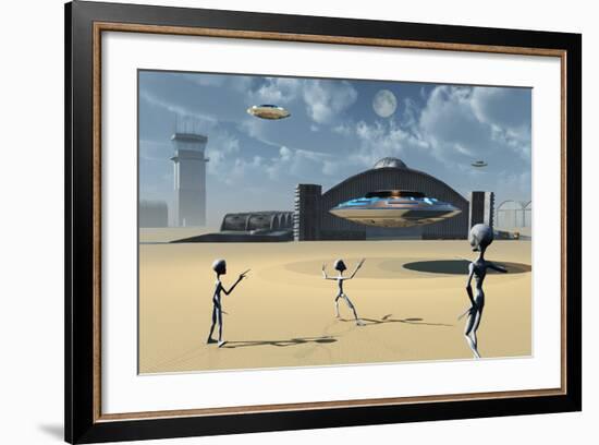 Grey Aliens and their Flying Saucers at Area 51-Stocktrek Images-Framed Art Print