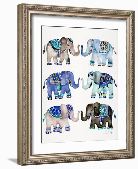 Grey and Blue Elephants-Cat Coquillette-Framed Art Print