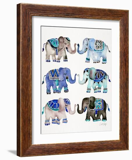 Grey and Blue Elephants-Cat Coquillette-Framed Art Print