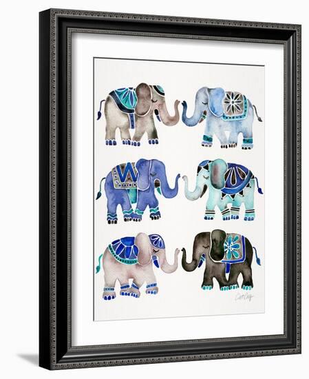 Grey and Blue Elephants-Cat Coquillette-Framed Art Print