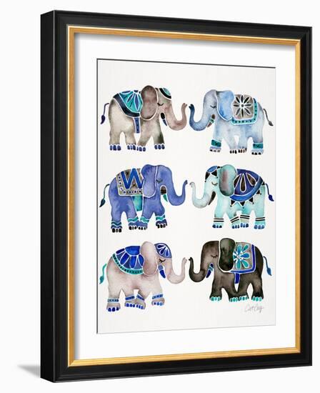 Grey and Blue Elephants-Cat Coquillette-Framed Art Print