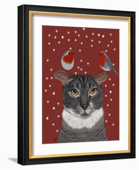 Grey Cat and Robins-Fab Funky-Framed Art Print
