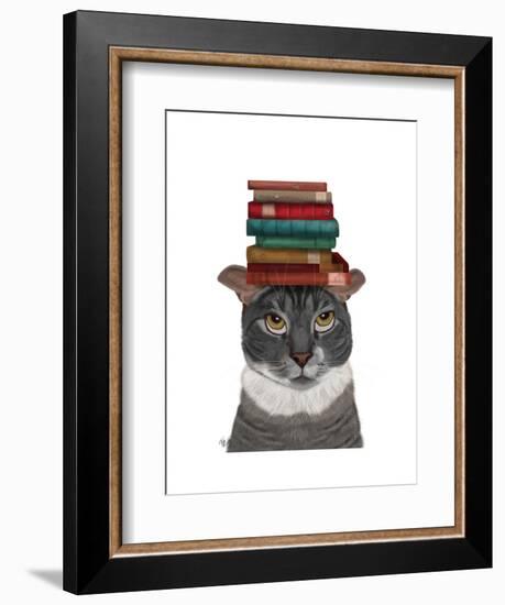 Grey Cat with Books on Head-Fab Funky-Framed Art Print