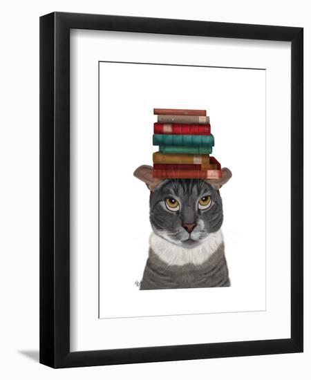 Grey Cat with Books on Head-Fab Funky-Framed Art Print