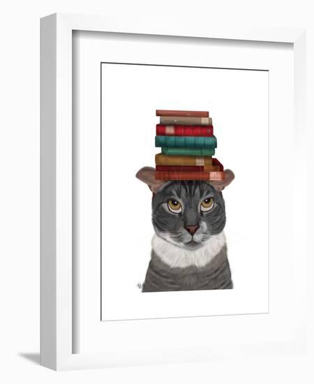 Grey Cat with Books on Head-Fab Funky-Framed Art Print