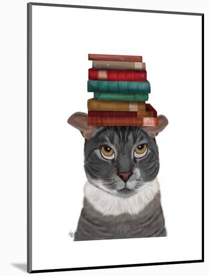 Grey Cat with Books on Head-Fab Funky-Mounted Art Print