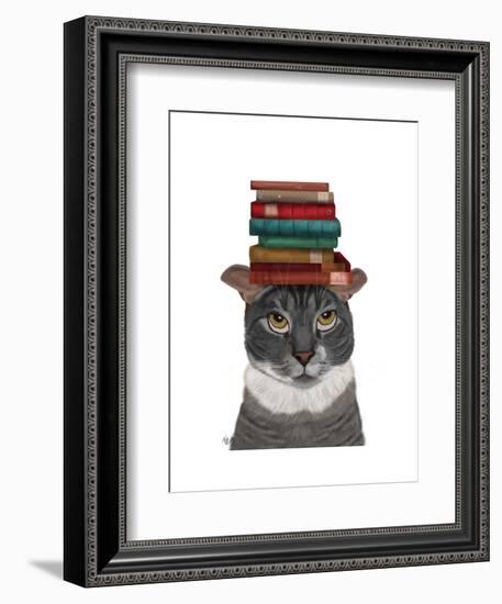 Grey Cat with Books on Head-Fab Funky-Framed Art Print