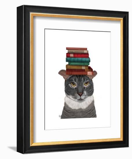 Grey Cat with Books on Head-Fab Funky-Framed Art Print