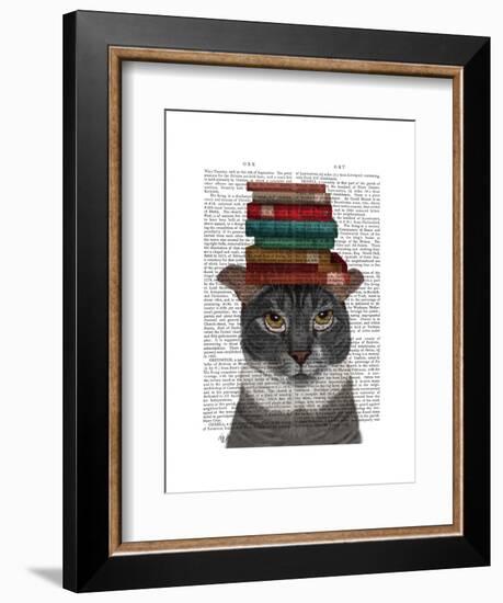 Grey Cat with Books on Head-Fab Funky-Framed Art Print