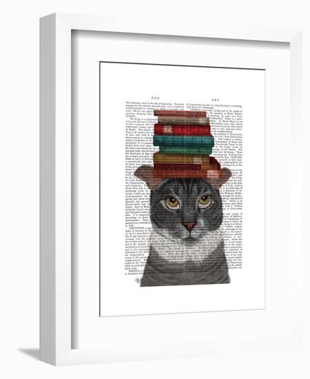 Grey Cat with Books on Head-Fab Funky-Framed Art Print