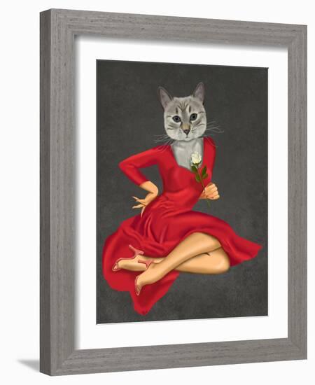 Grey Cat with White Rose-Fab Funky-Framed Art Print