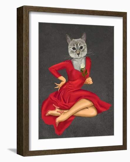 Grey Cat with White Rose-Fab Funky-Framed Art Print