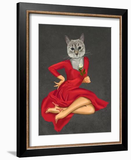 Grey Cat with White Rose-Fab Funky-Framed Art Print