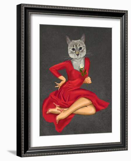 Grey Cat with White Rose-Fab Funky-Framed Art Print