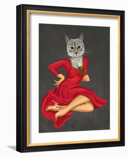 Grey Cat with White Rose-Fab Funky-Framed Art Print