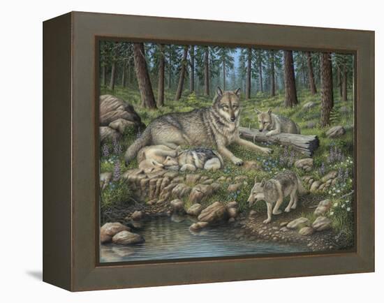 Grey Wolf Mother and Pups-Robert Wavra-Framed Premier Image Canvas