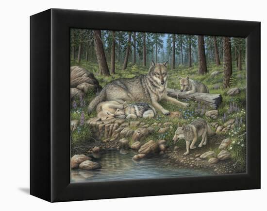 Grey Wolf Mother and Pups-Robert Wavra-Framed Premier Image Canvas