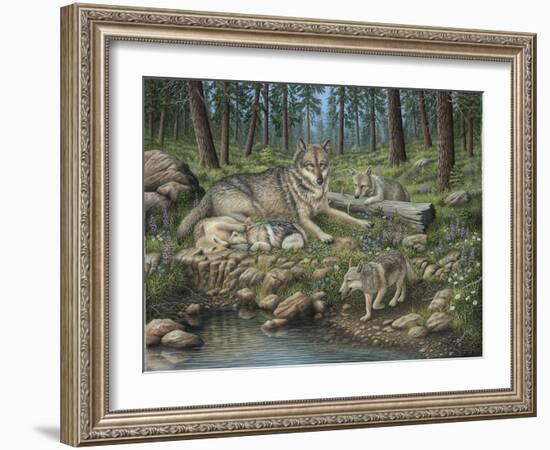 Grey Wolf Mother and Pups-Robert Wavra-Framed Giclee Print