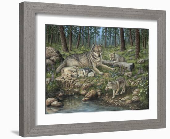 Grey Wolf Mother and Pups-Robert Wavra-Framed Giclee Print