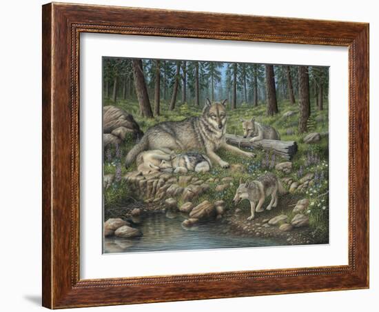 Grey Wolf Mother and Pups-Robert Wavra-Framed Giclee Print