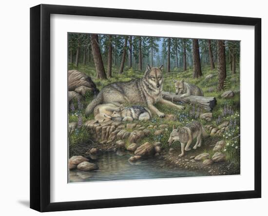 Grey Wolf Mother and Pups-Robert Wavra-Framed Giclee Print