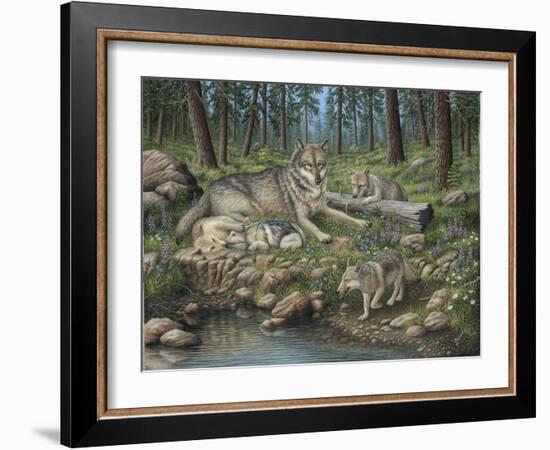 Grey Wolf Mother and Pups-Robert Wavra-Framed Giclee Print