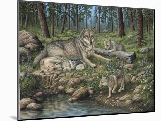 Grey Wolf Mother and Pups-Robert Wavra-Mounted Giclee Print