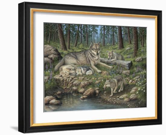 Grey Wolf Mother and Pups-Robert Wavra-Framed Giclee Print