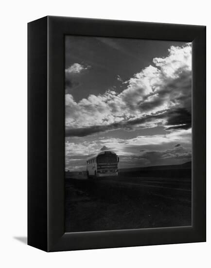 Greyhound Bus Driving Down Highway 30-Allan Grant-Framed Premier Image Canvas