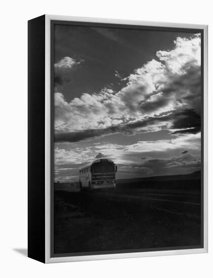 Greyhound Bus Driving Down Highway 30-Allan Grant-Framed Premier Image Canvas