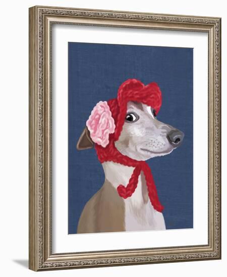 Greyhound with Red Woolly Hat-Fab Funky-Framed Art Print