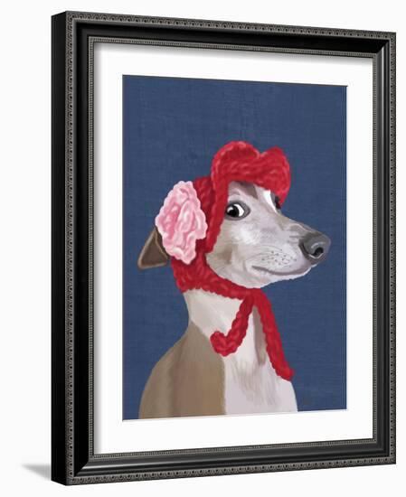 Greyhound with Red Woolly Hat-Fab Funky-Framed Art Print